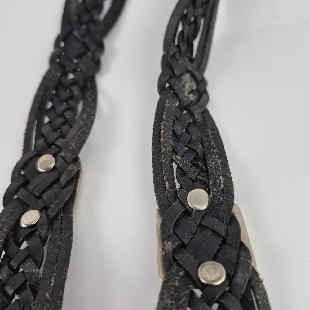 Kids Black Braided Genuine Leather Western Concho Belt Silver Tone Buckle ML